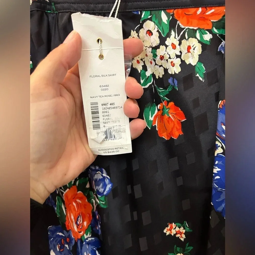 Tory Burch Womens Ruffled Floral Silk Jacquard Skirt 6 Navy Tea Rose - NWT $498